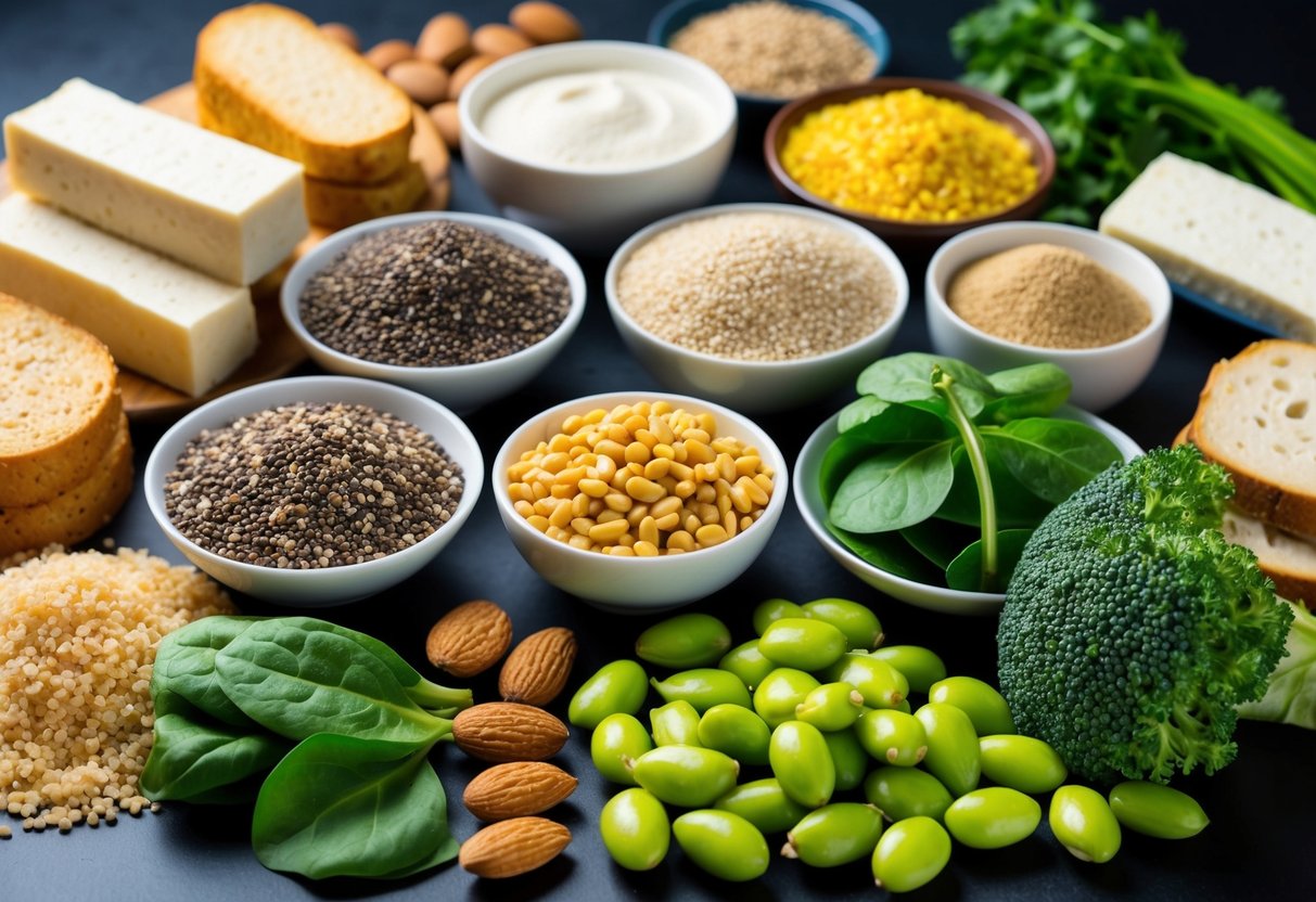 A colorful array of vegan protein sources - seitan, tofu, tempeh, quinoa, chia seeds, hemp seeds, edamame, spinach, almonds, broccoli, nutritional yeast, and spirulina