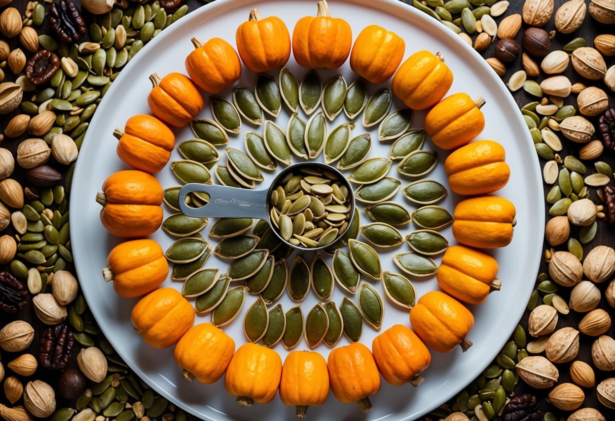 A variety of pumpkin seeds arranged in a circle, surrounded by different types of nuts and seeds, with a measuring scoop in the center