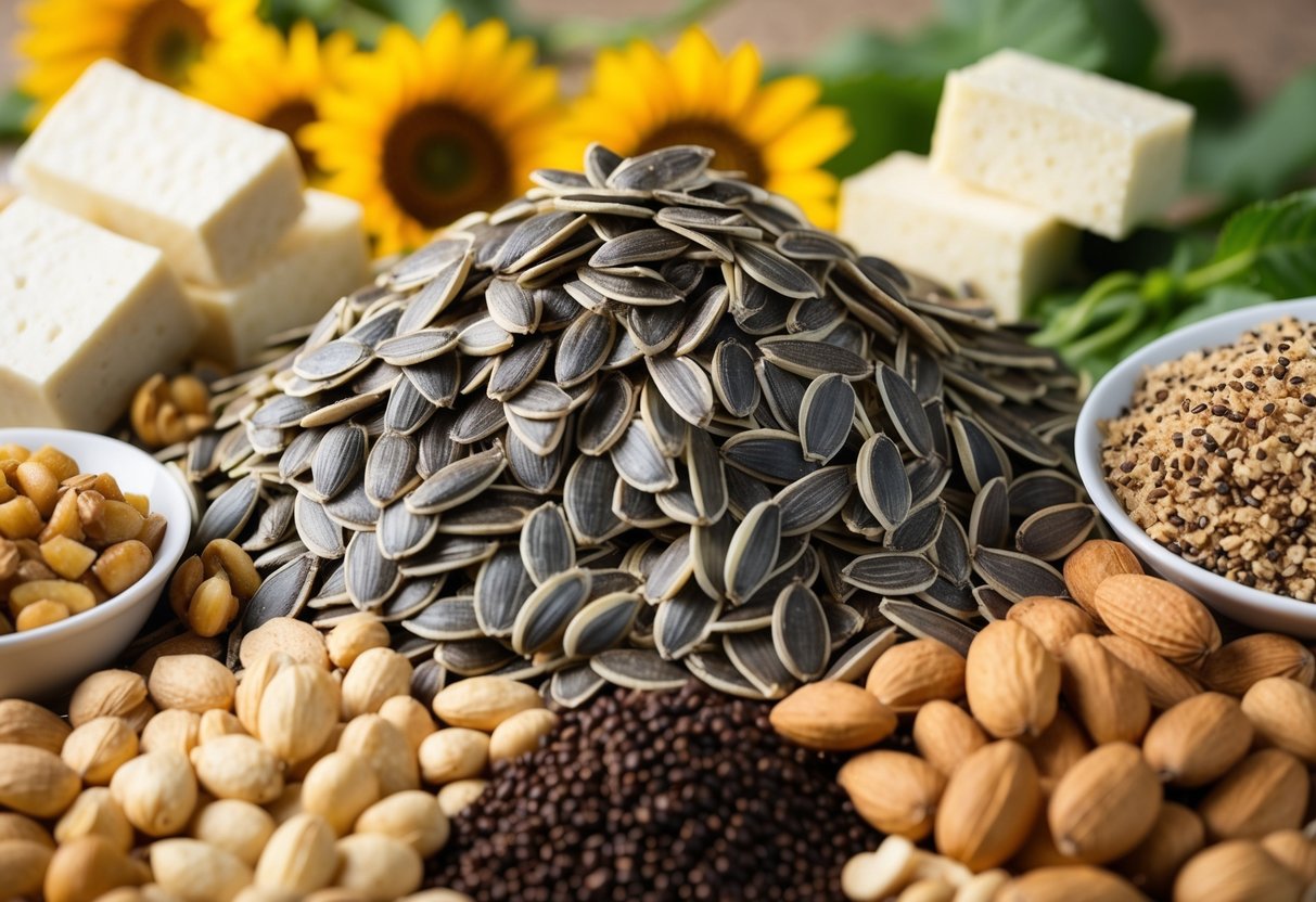 A pile of sunflower seeds surrounded by various sources of vegan protein, such as tofu, quinoa, and nuts, arranged in a visually appealing manner