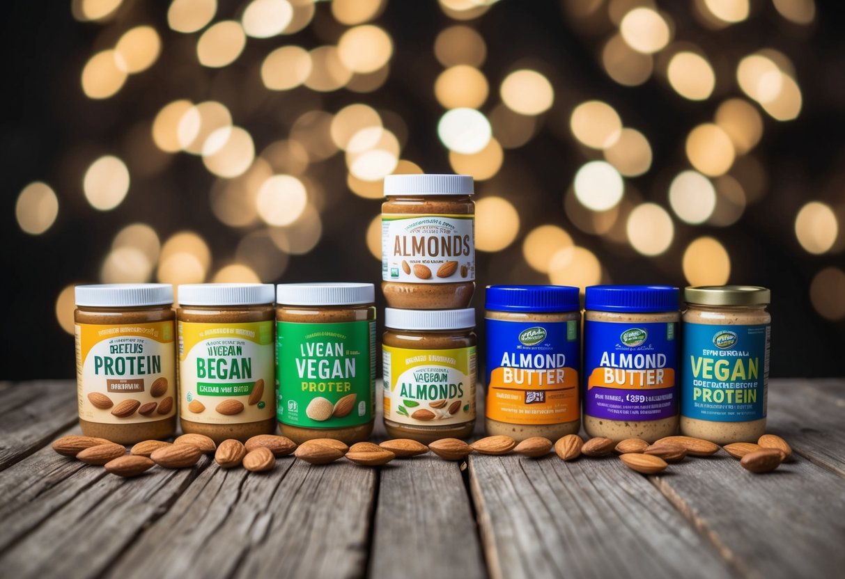 A variety of almonds and almond butter displayed with 12 other non-bean vegan protein sources