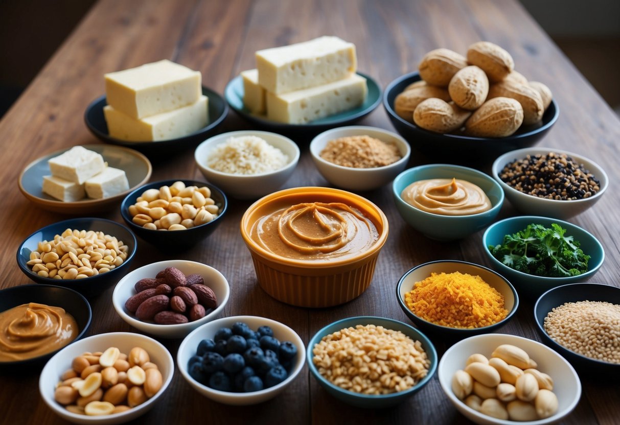 A variety of peanuts and peanut butter displayed on a wooden table, surrounded by 12 different sources of vegan protein, such as tofu, quinoa, and tempeh