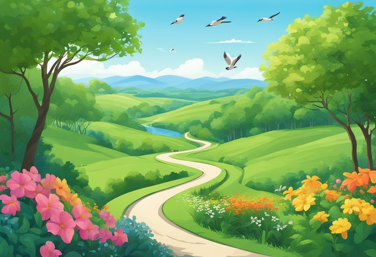 A lush green landscape with a winding road leading into the distance, surrounded by vibrant flowers and trees. A clear blue sky above with birds flying overhead