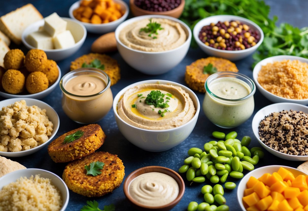 A colorful array of tahini-based foods, including hummus, falafel, and tahini dressing, surrounded by various non-bean sources of vegan protein such as tofu, quinoa, and edamame