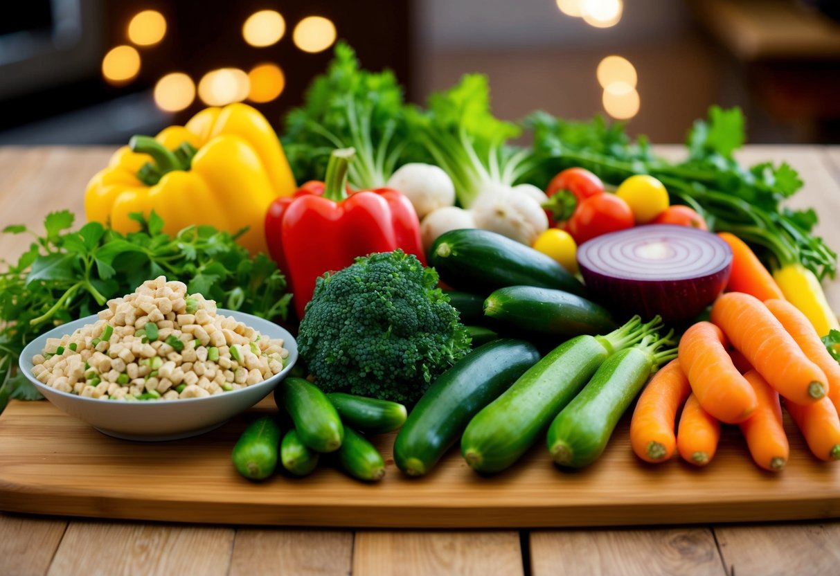 A colorful array of vegetables and plant-based protein sources arranged on a wooden cutting board