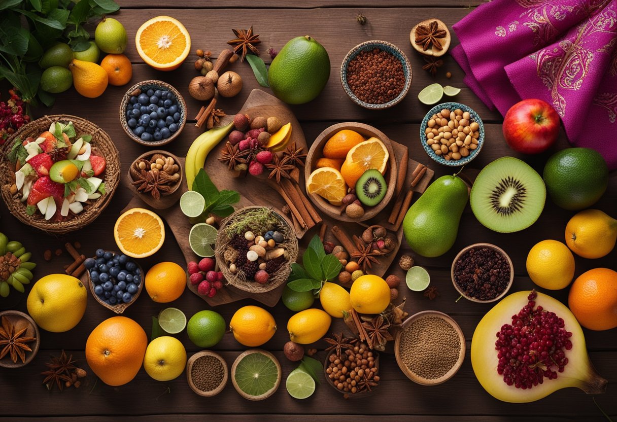 Uma vibrante variedade de frutas exóticas, especiarias e ervas dispostas em uma mesa de madeira rústica, cercada por têxteis coloridos e cerâmica tradicional.