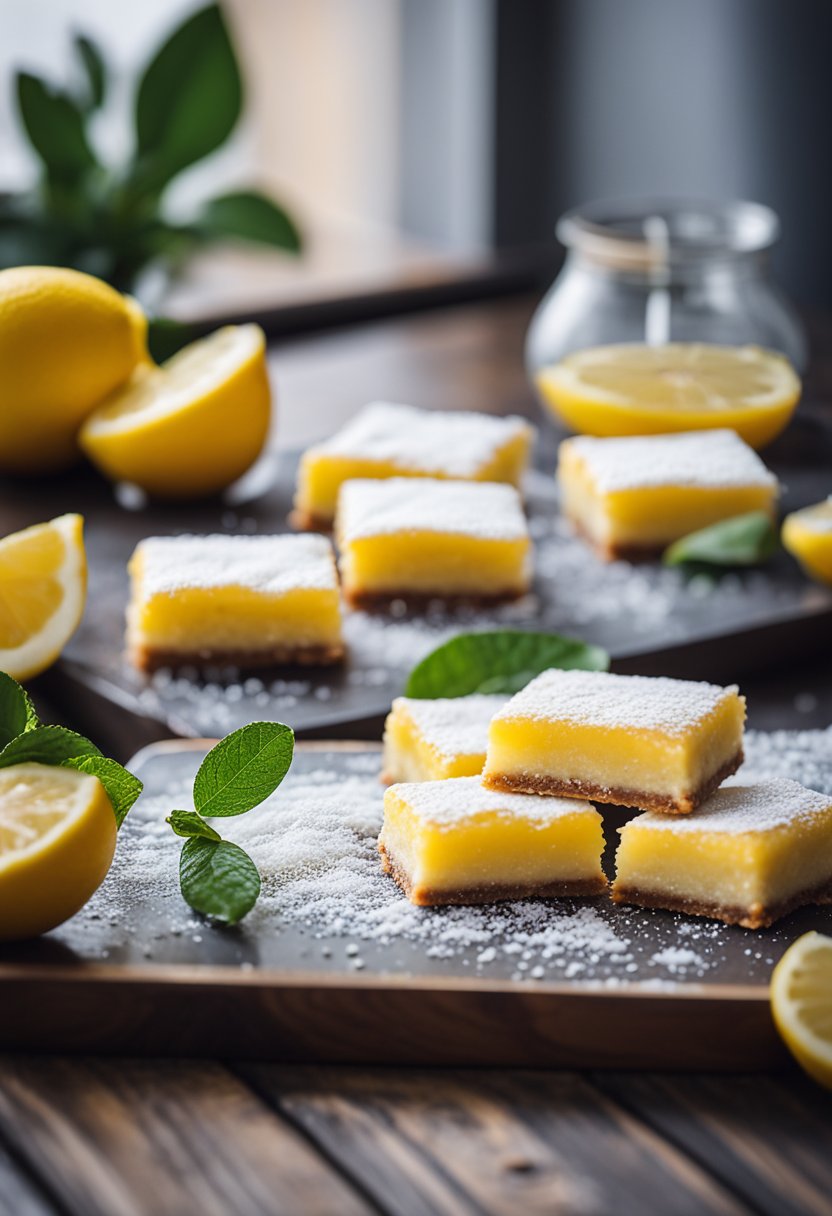 A tray of keto lemon bars on a rustic wooden table with fresh lemons and a sprinkle of powdered sugar