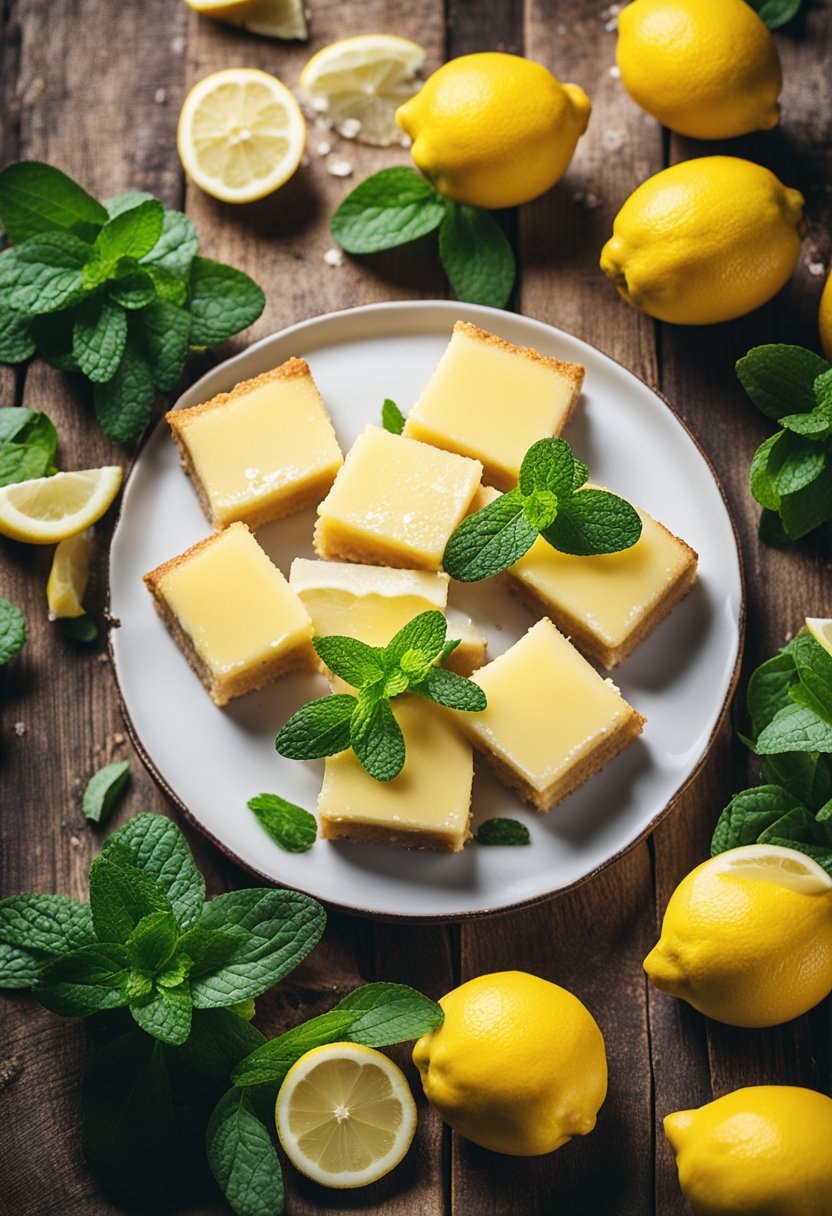 A plate of keto lemon bars surrounded by fresh lemon slices and a sprig of mint on a rustic wooden table