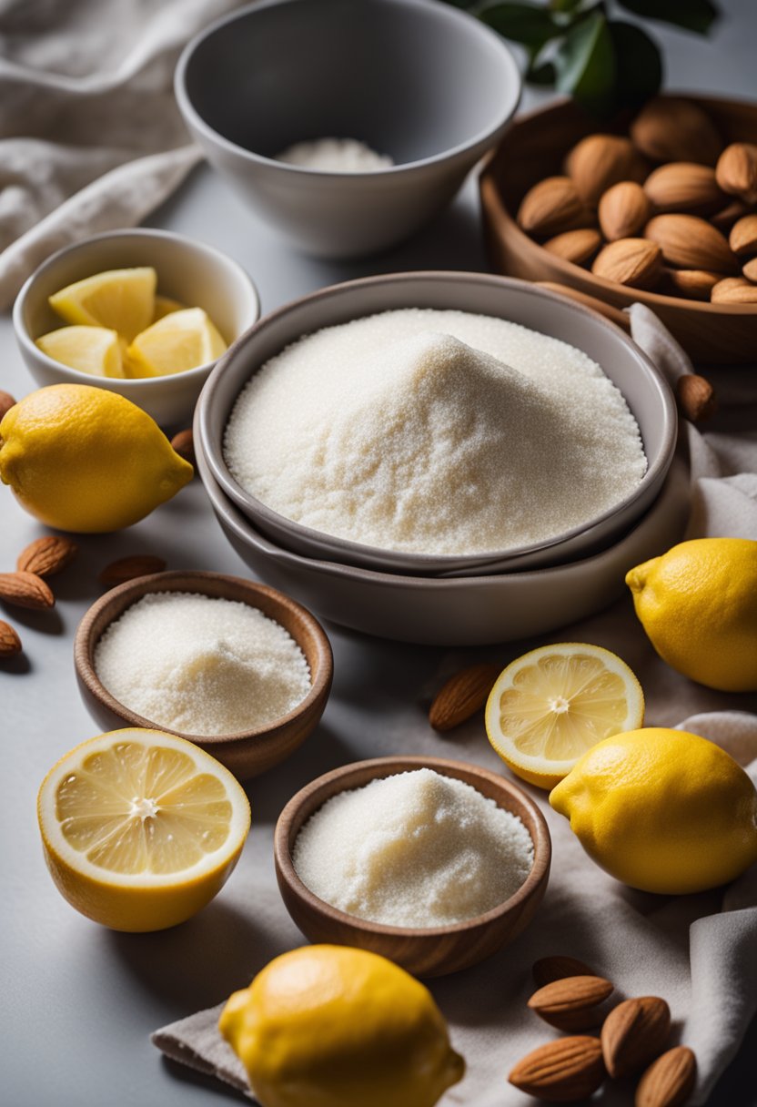 A clean kitchen counter with a bowl of lemons, almond flour, sweetener, and a baking dish ready for keto lemon bars