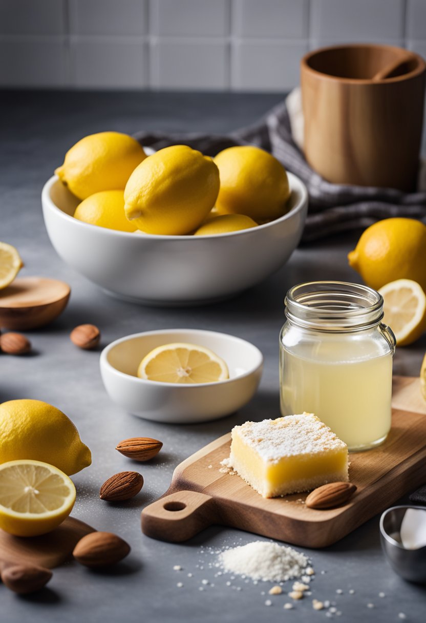 A kitchen counter with ingredients for low carb lemon bars, including lemons, almond flour, and a mixing bowl