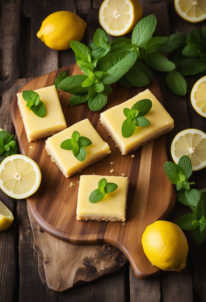 A wooden cutting board with sliced keto lemon bars, surrounded by fresh lemon wedges and mint leaves