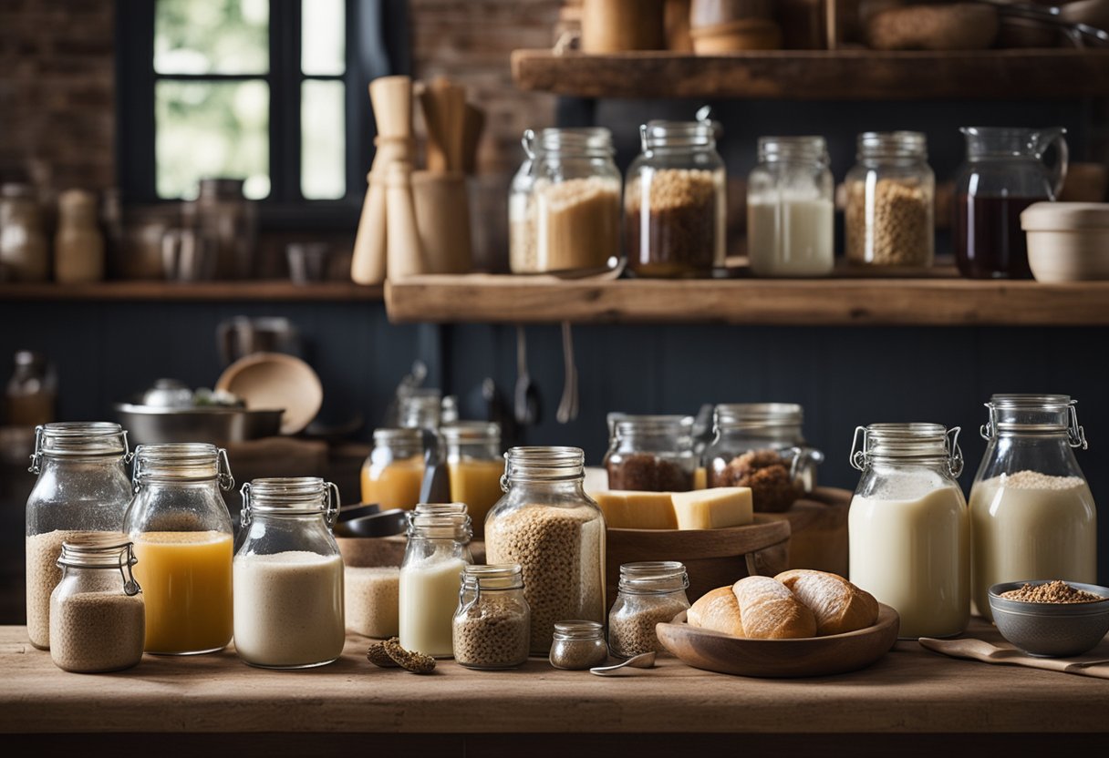 Uma bancada de cozinha rústica com vários potes de massa de pão fermentando e bebidas caseiras, cercada por utensílios de cozinha vintage e ingredientes.