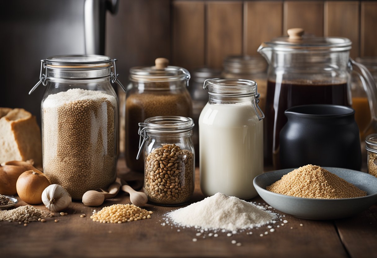 Uma bancada de cozinha rústica com vários potes de ingredientes fermentando, ao lado de tigelas de farinha e grãos, e uma jarra borbulhante de bebida caseira.