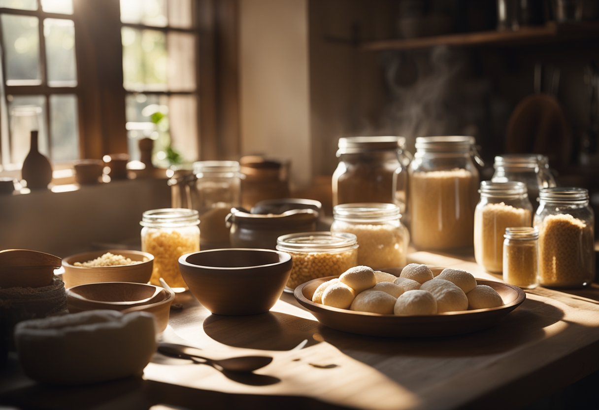 Uma mesa de cozinha rústica com tigelas de massa crescendo, potes de bebidas fermentando e utensílios de confeitaria espalhados. A luz do sol entra pela janela, projetando sombras quentes na cena.