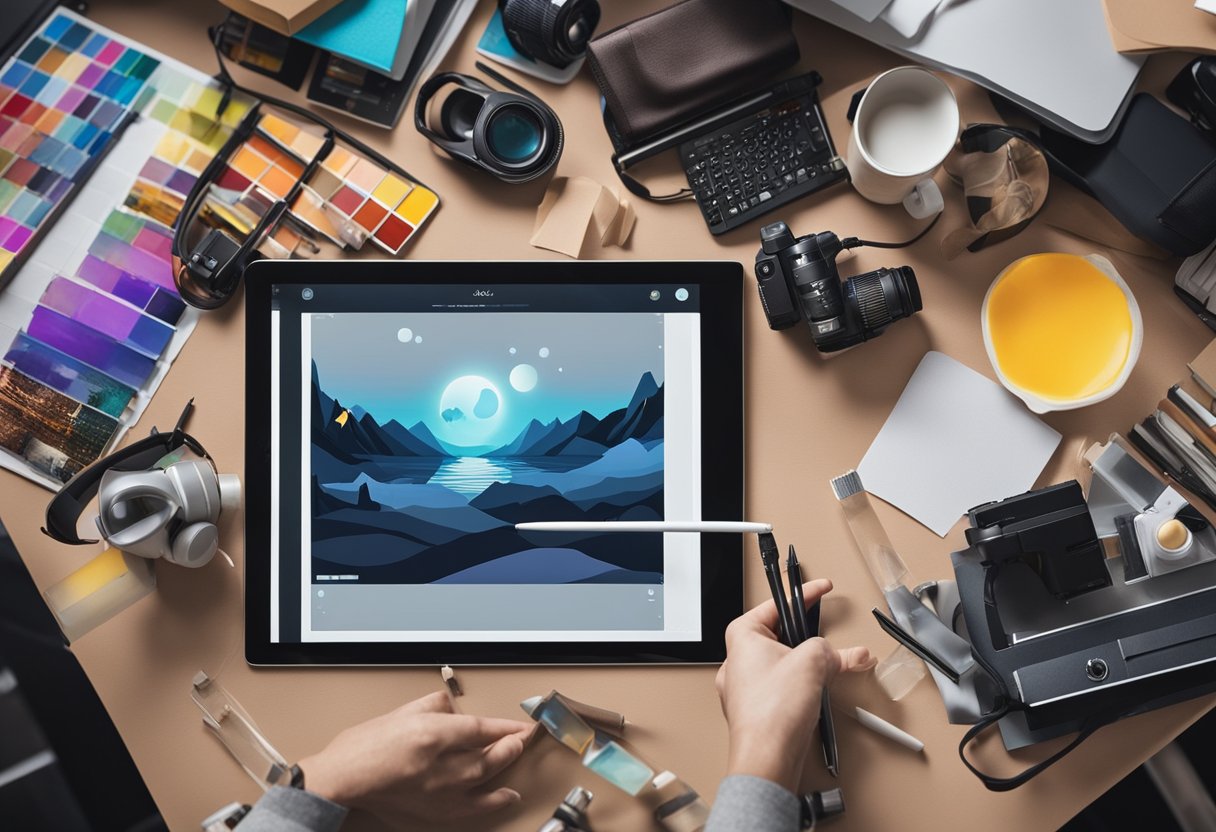 A digital painting and sketching platform with a stylus and tablet on a desk, surrounded by various art supplies and reference images