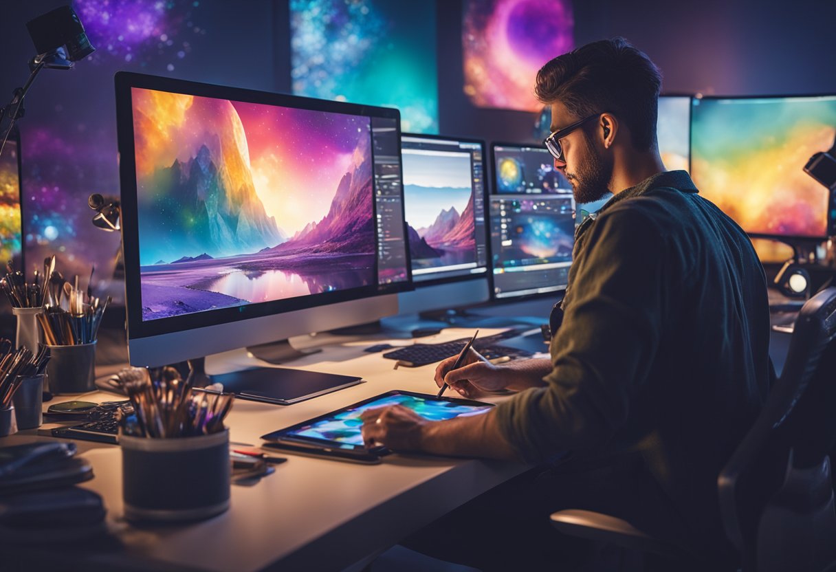 A digital artist sits at a desk, surrounded by a computer, tablet, and stylus. They are creating a vibrant digital painting on the screen with various brushes and colors