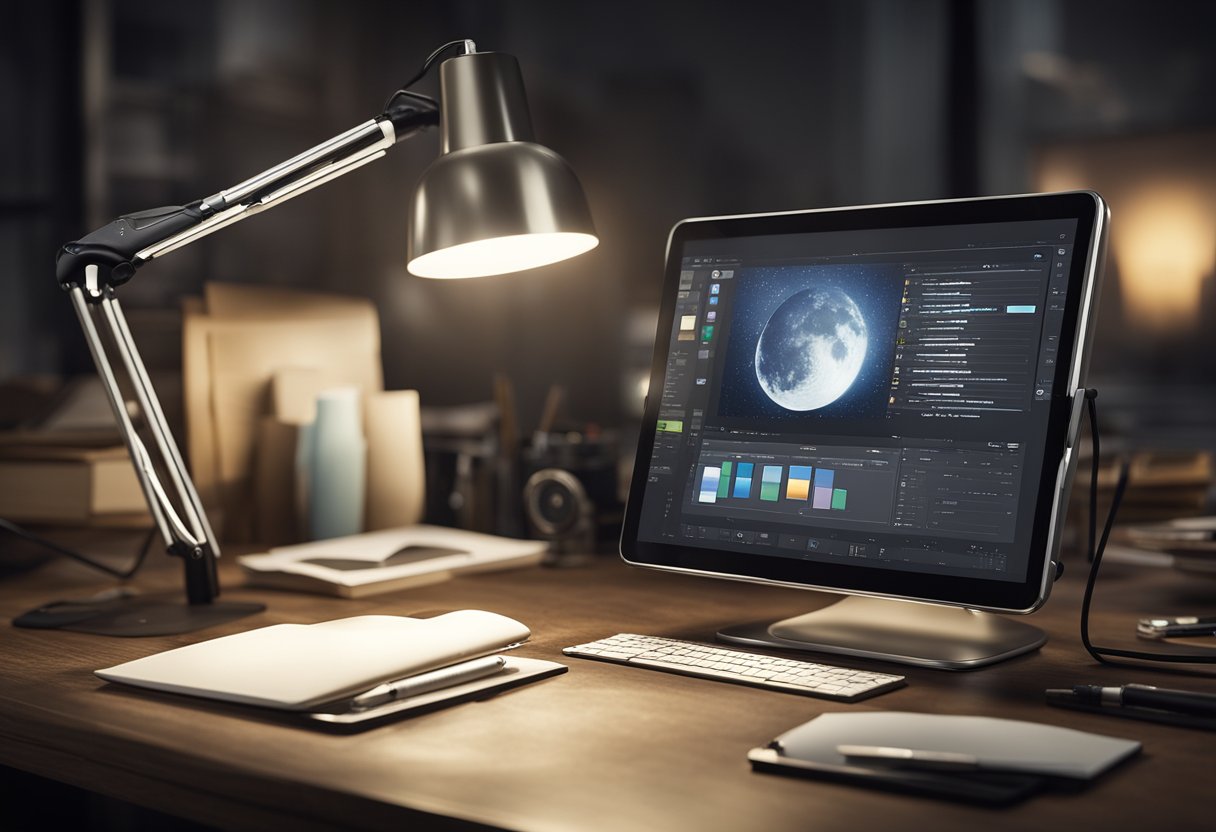 A digital tablet with a stylus, surrounded by various painting and sketching software interfaces, with a desk lamp illuminating the workspace