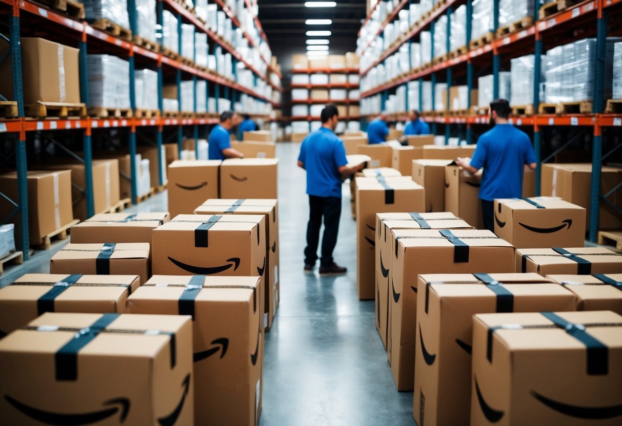 An Amazon warehouse with packages being sorted and shipped by workers