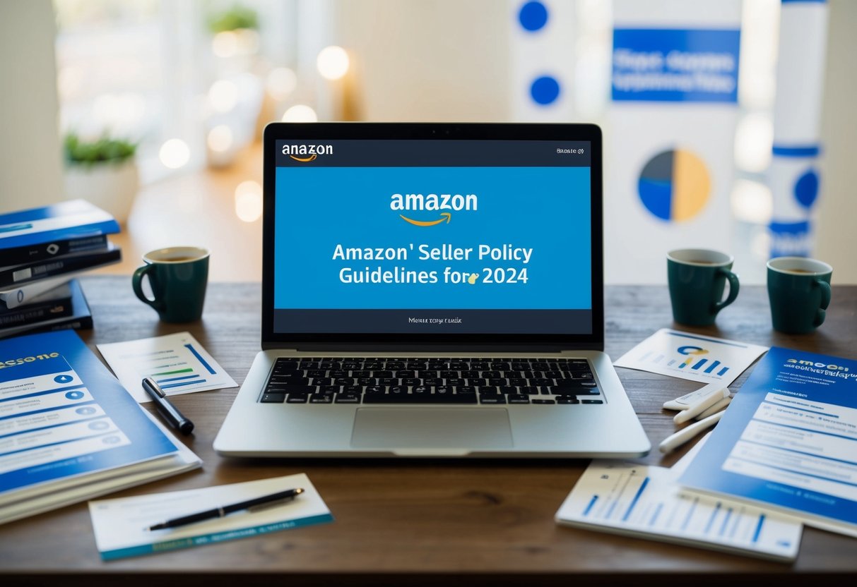 A laptop displaying Amazon's updated seller policy guidelines for 2024, surrounded by marketing materials and product listings