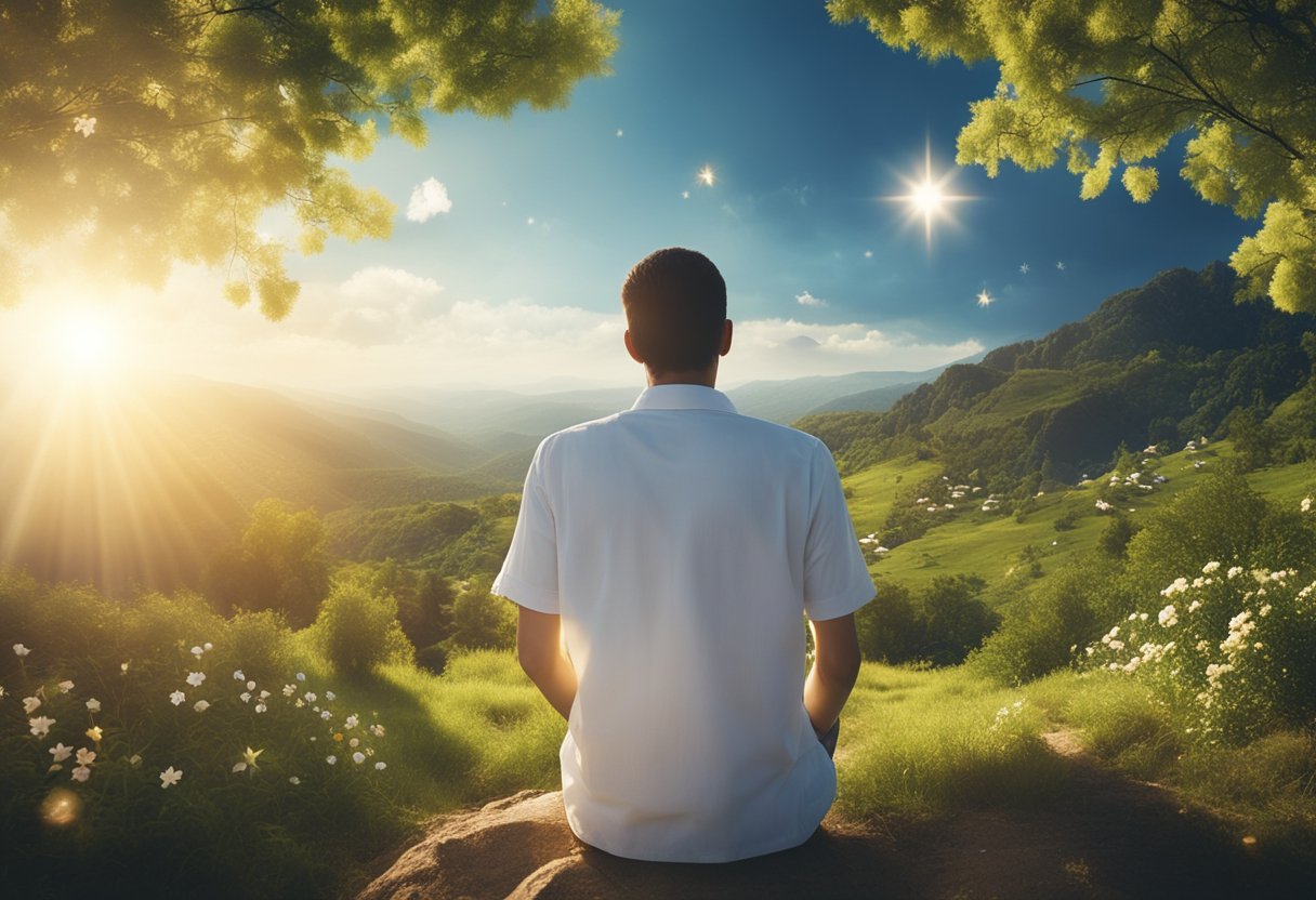 A serene landscape with a figure looking up at a bright, shining sun, surrounded by nature and symbols of faith