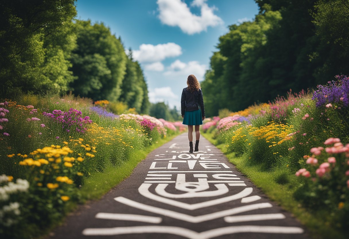 A person standing at a crossroads, with one path leading towards the word "Love" and the other towards the word "Trust". The path towards "Love" is filled with colorful flowers, while the path towards "Trust" is lined with strong, sturdy trees