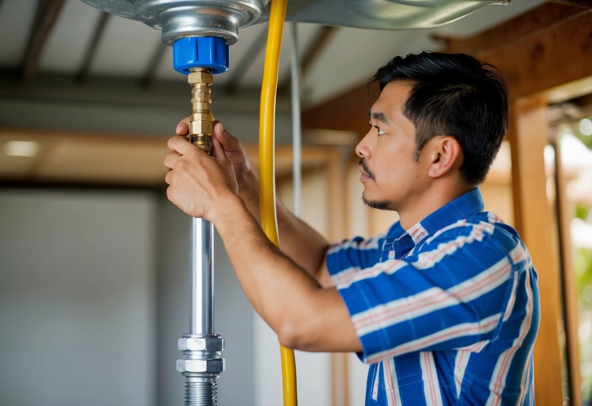 A plumber fixing a leaking pipe in a Malaysian home