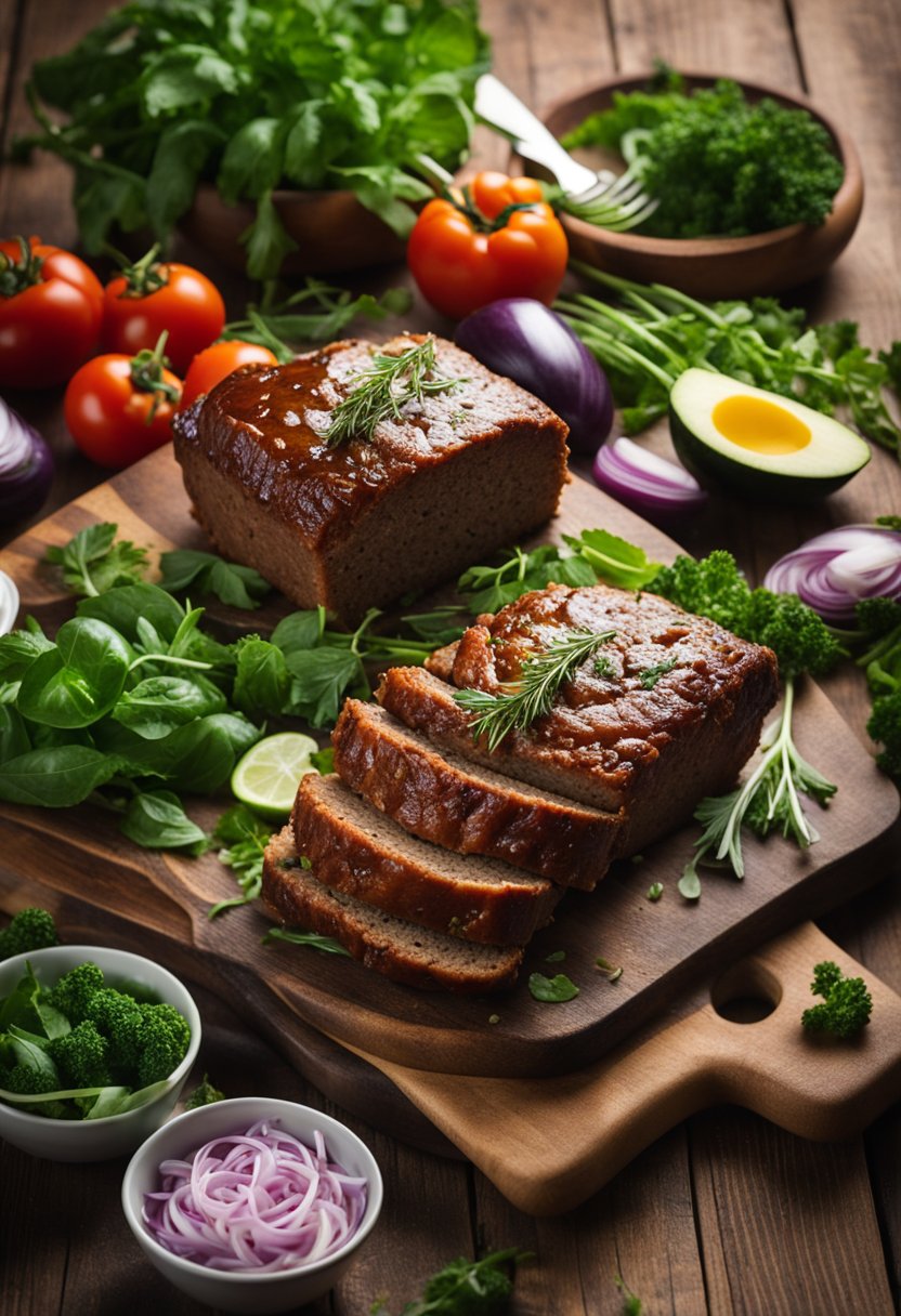 A keto meatloaf surrounded by fresh herbs and colorful vegetables on a rustic wooden cutting board