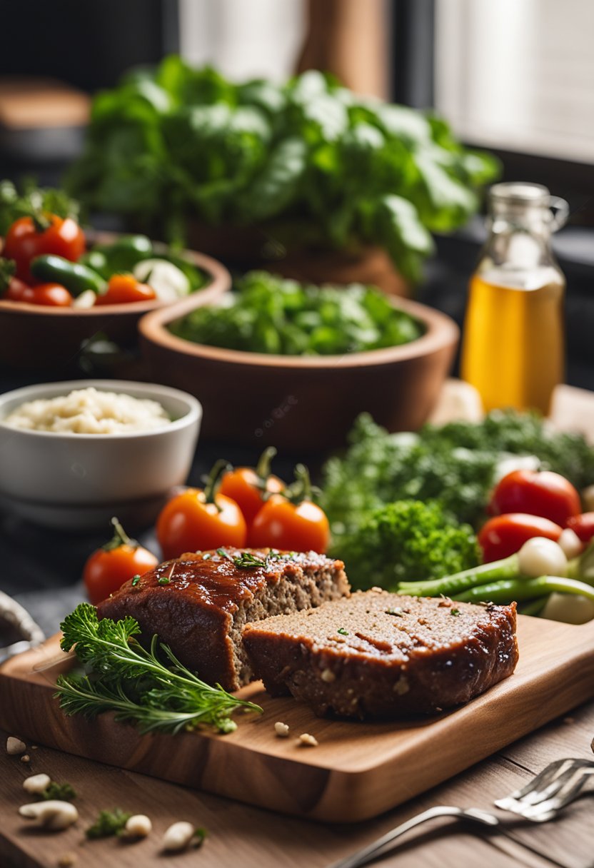 A keto meatloaf surrounded by low-carb vegetables and herbs on a wooden cutting board