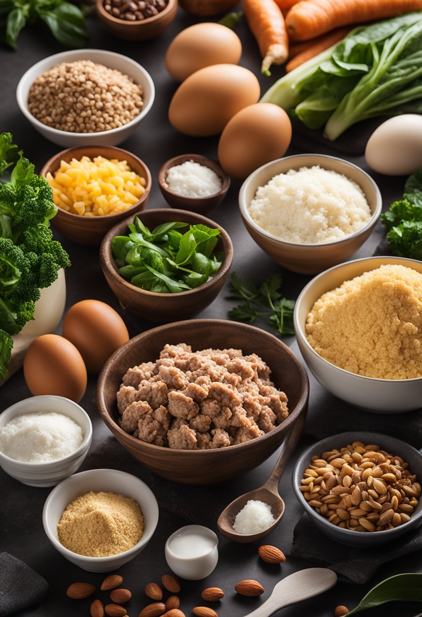 A kitchen counter with a variety of keto-friendly ingredients such as ground meat, almond flour, eggs, and low-carb vegetables