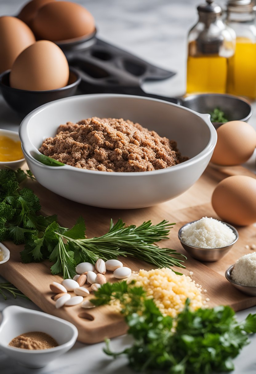 A kitchen counter with ingredients for keto meatloaf, including ground meat, almond flour, eggs, and spices, arranged neatly with a mixing bowl and measuring cups