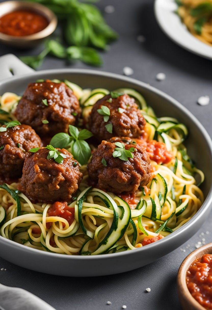 A platter of keto meatballs with a side of zucchini noodles and marinara sauce