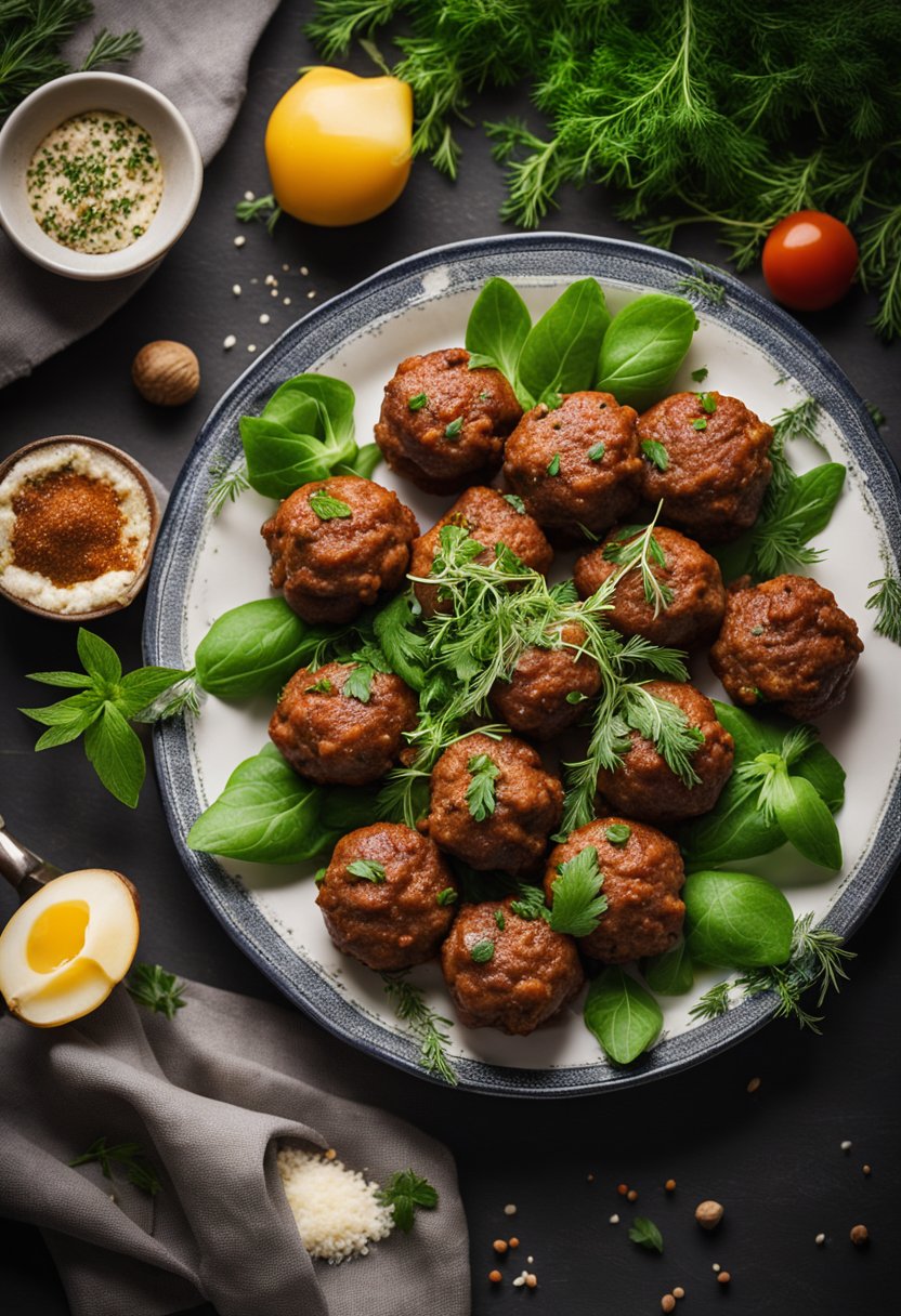 A plate of keto meatballs surrounded by fresh herbs and spices