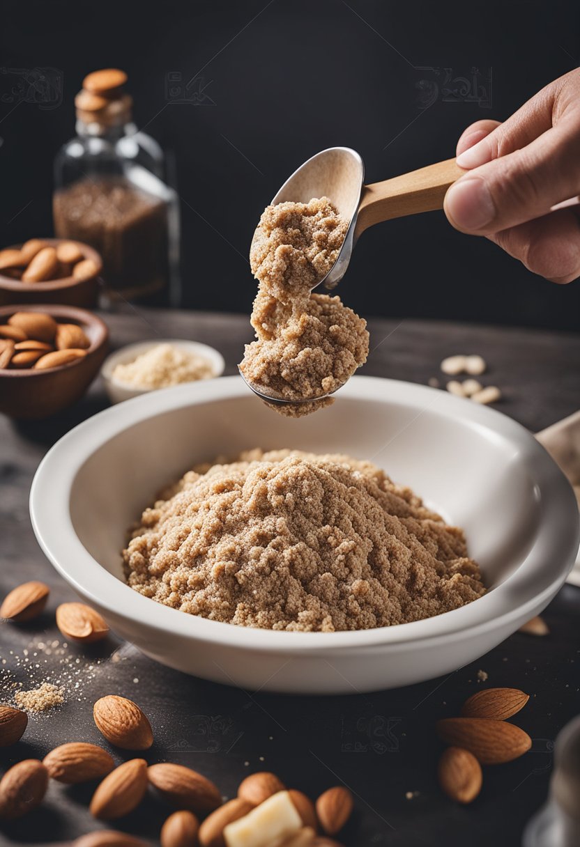 A hand mixing ground meat, almond flour, and seasoning in a bowl