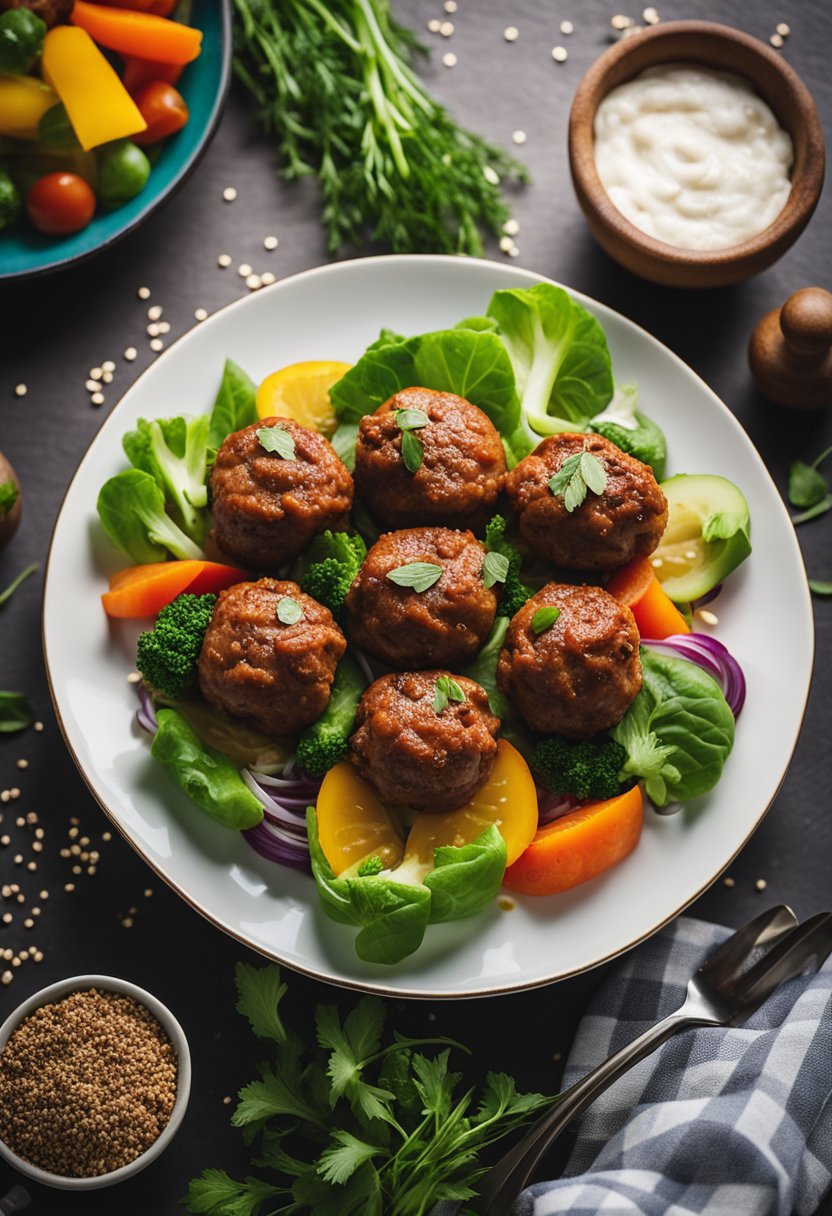 A plate of keto meatballs surrounded by colorful vegetables and garnished with fresh herbs