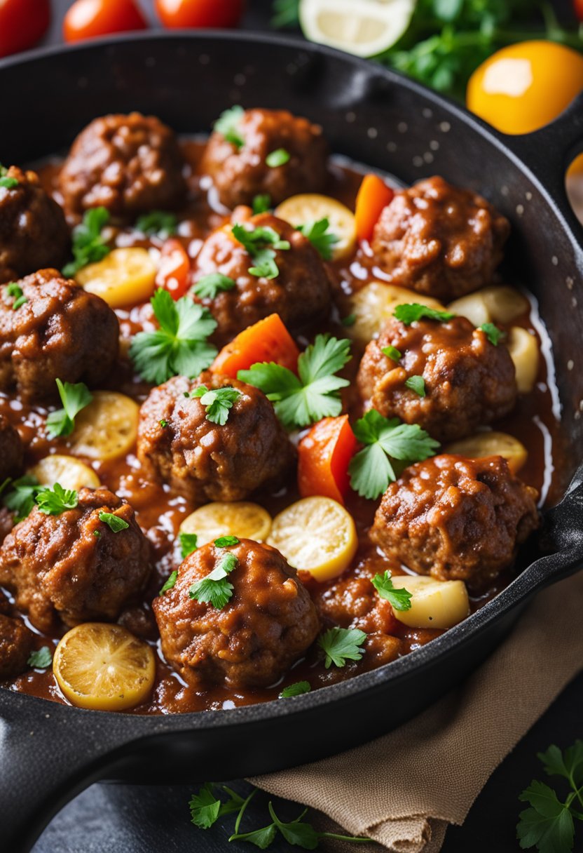 A sizzling skillet of keto meatballs with various toppings and seasonings