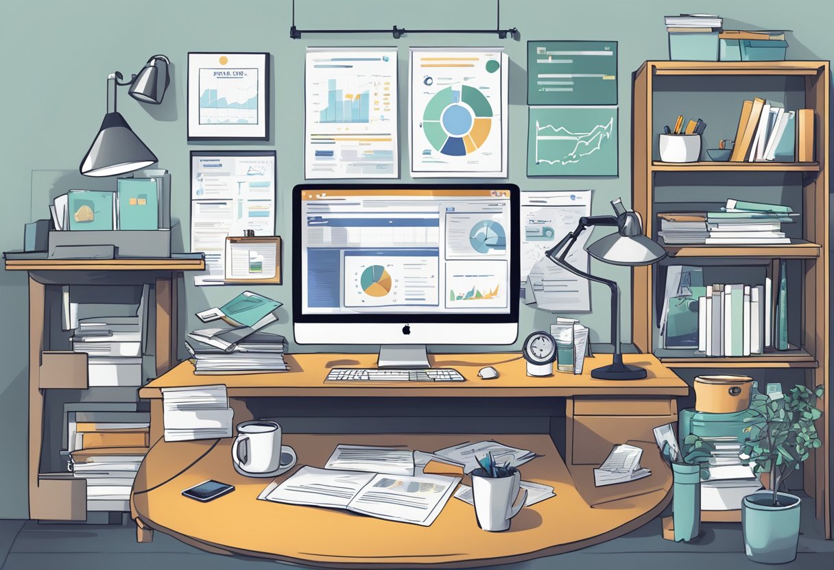 An office desk cluttered with SEO agency logos, charts, and financial documents. A scale with "Right" and "Wrong" options