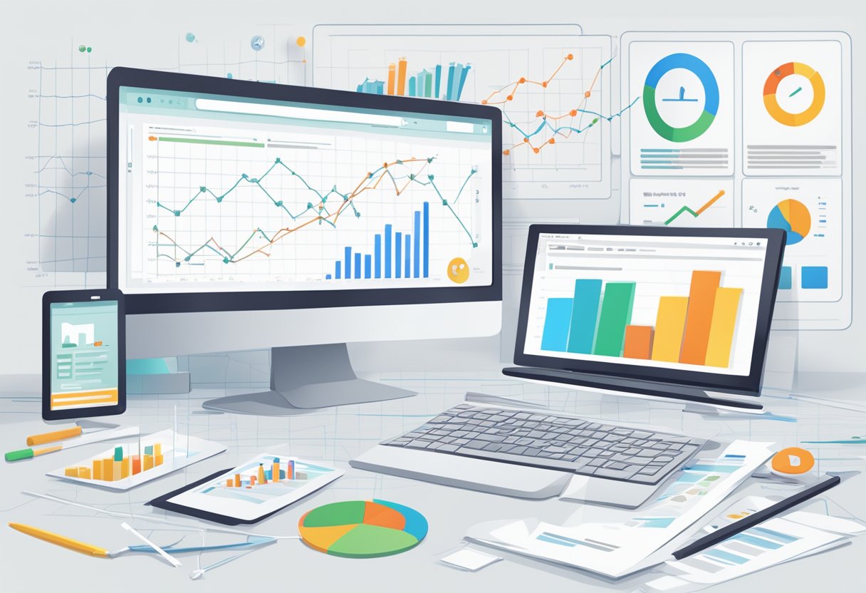 A computer screen displaying a line graph with fluctuating SEO metrics, surrounded by open tabs of website analytics and optimization tools