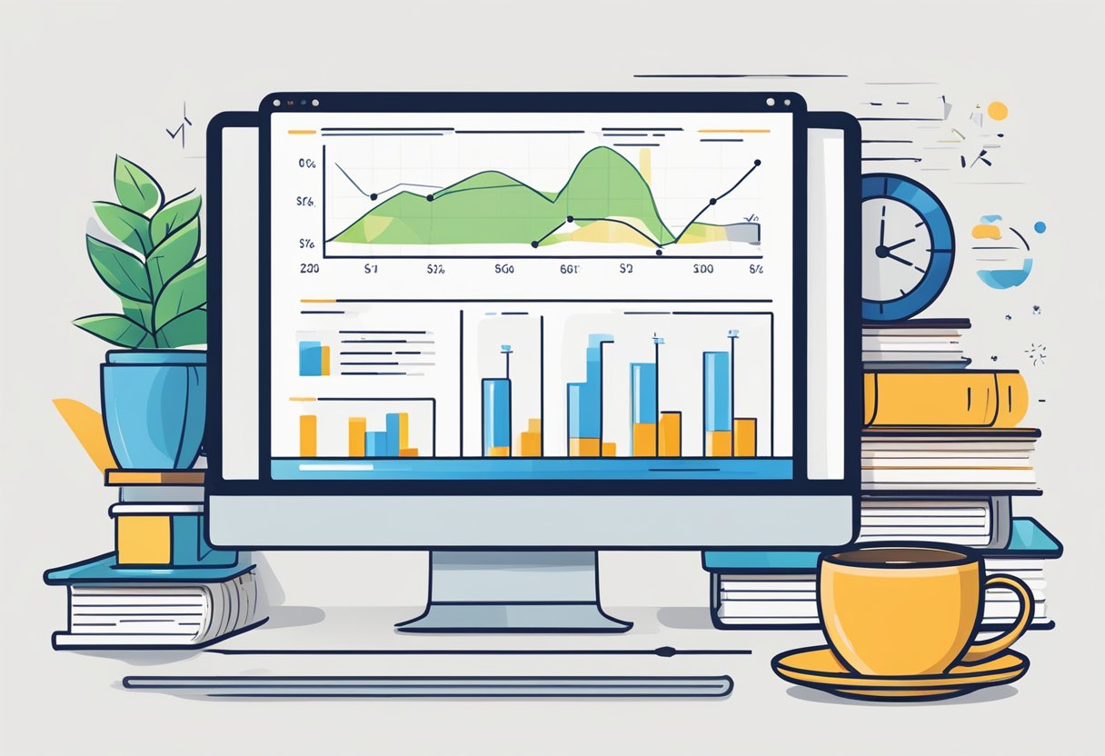 A computer screen with a graph showing SEO readability metrics trending upwards, surrounded by books and a cup of coffee