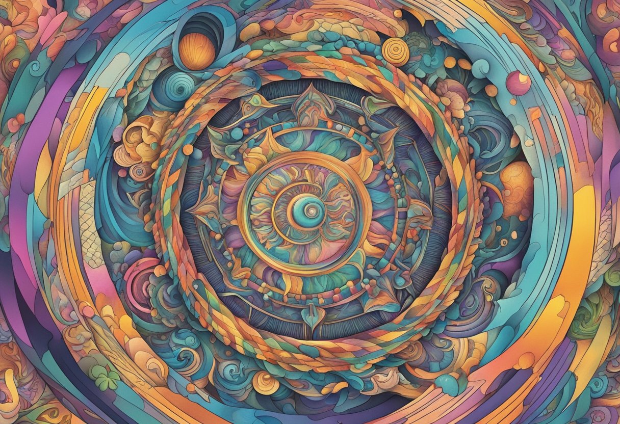 A swirling vortex of colors and patterns, drawing the viewer in, surrounded by mysterious symbols and imagery