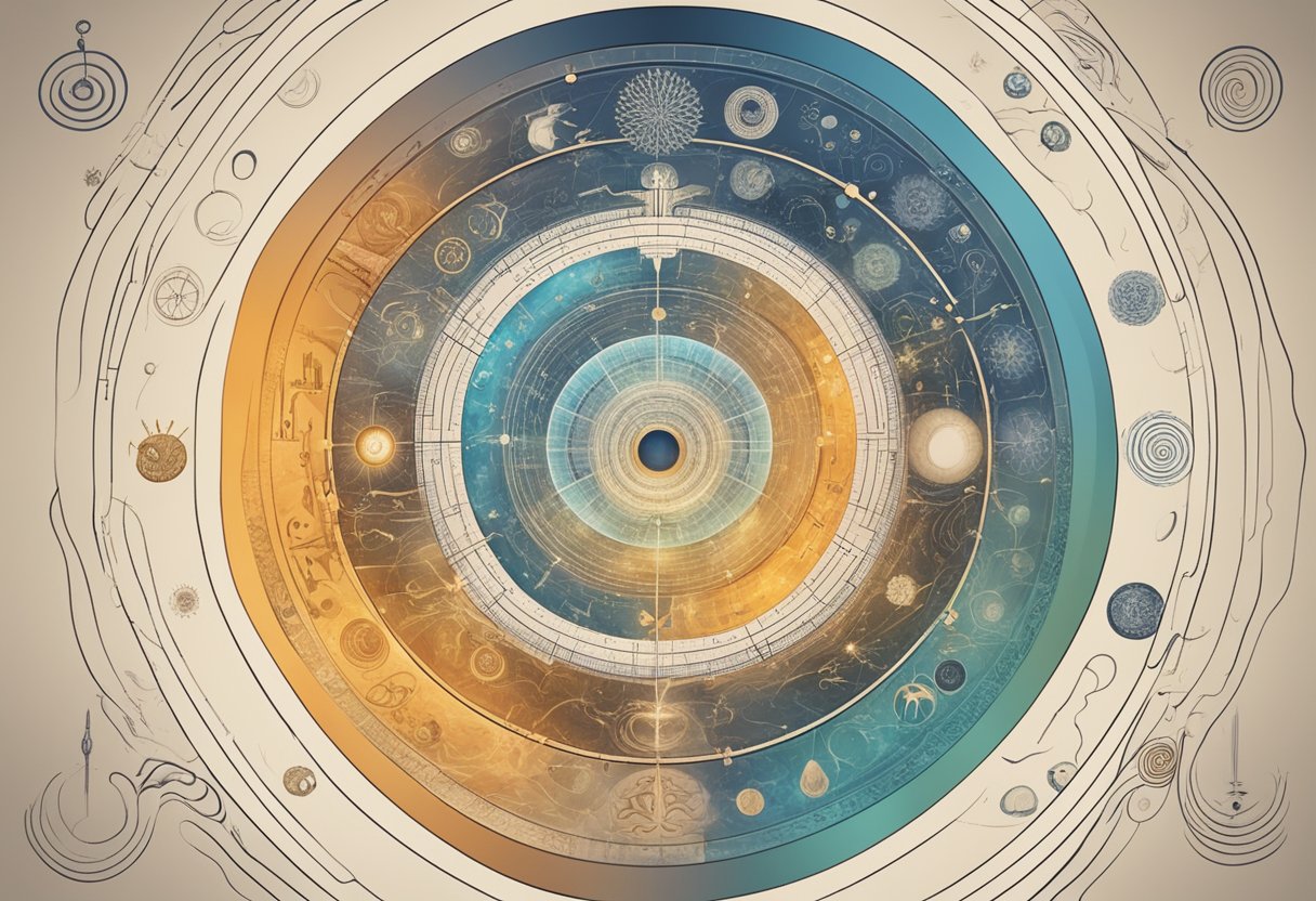 A swirling vortex of ancient symbols and modern neuroscience diagrams, merging into a single, hypnotic image