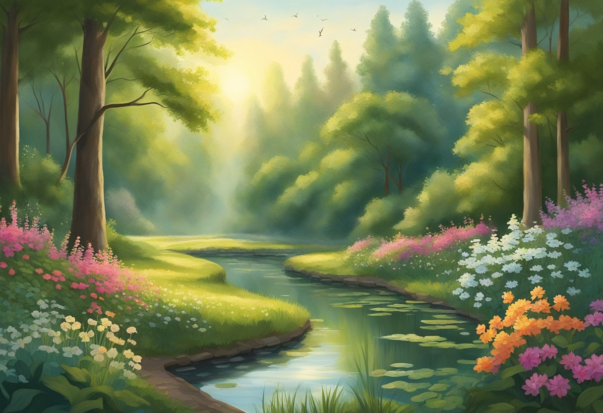A serene forest with a winding path leading to a hidden clearing. The sun filters through the trees, casting dappled light on the lush greenery. A tranquil pond reflects the sky, surrounded by vibrant flowers and buzzing wildlife