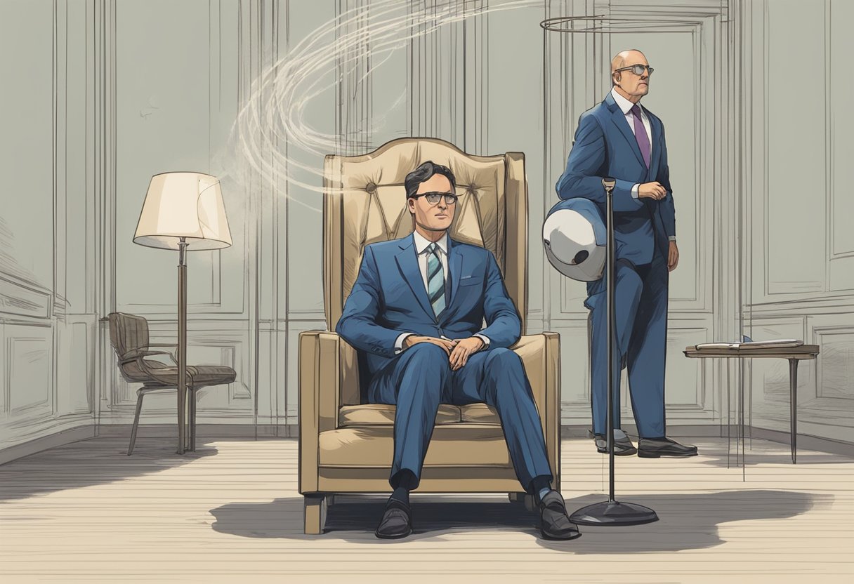 A person sitting in a chair with a pendulum swinging in front of their eyes, while a figure in a suit observes from the background