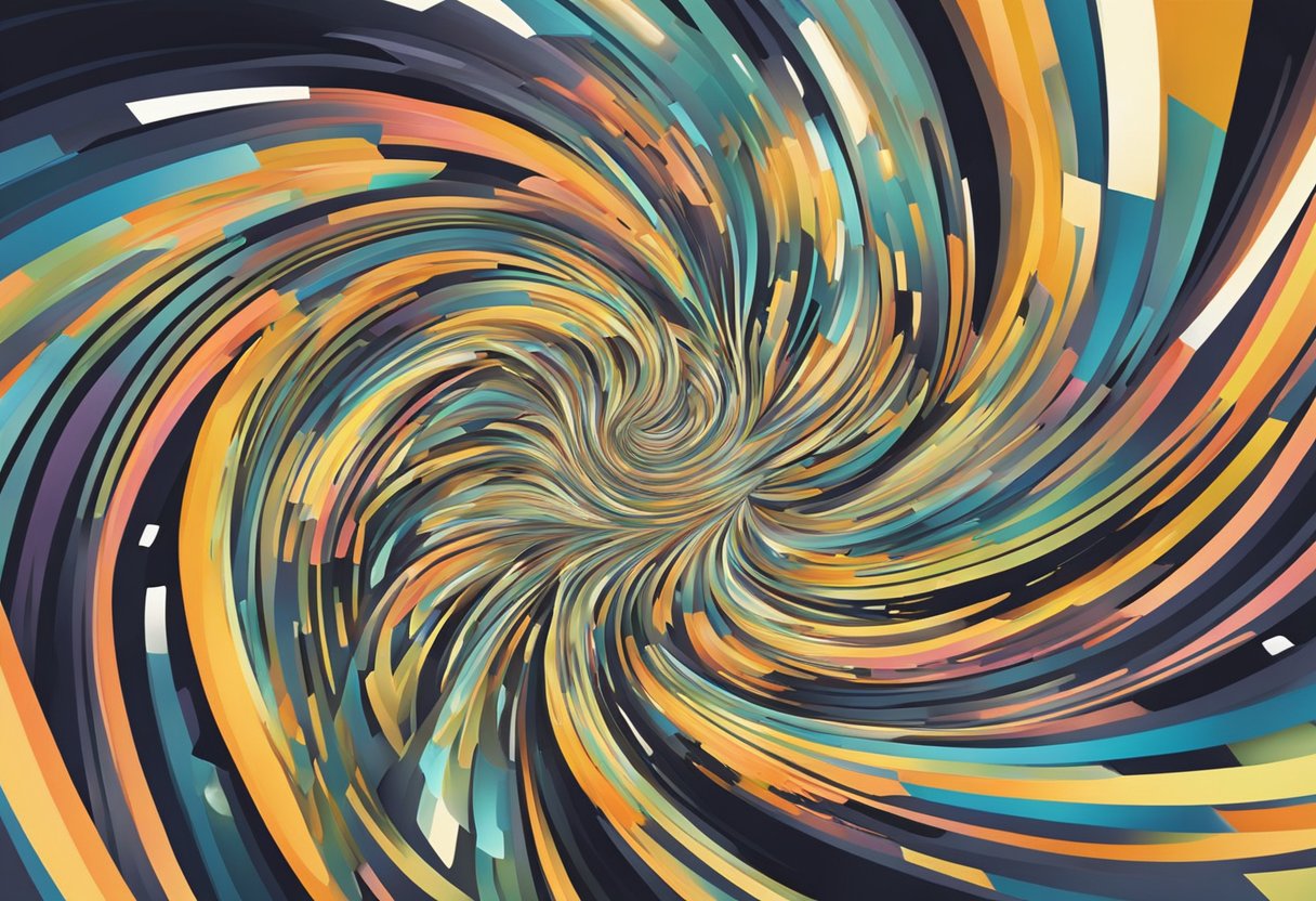 A swirling vortex of abstract shapes and patterns, with a bright, mesmerizing focal point at the center