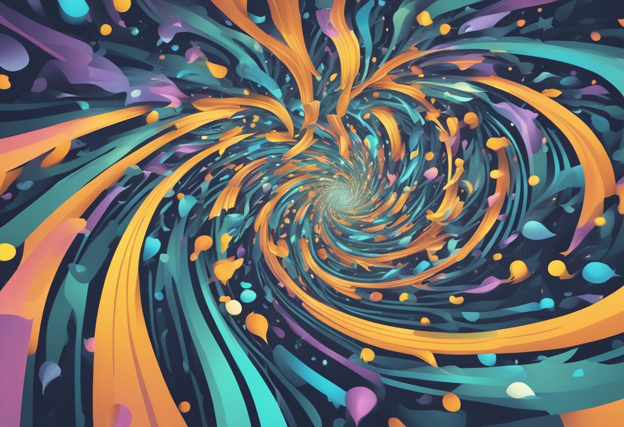 A swirling vortex of hypnotic patterns surrounds a glowing subconscious mind, with question marks floating around it