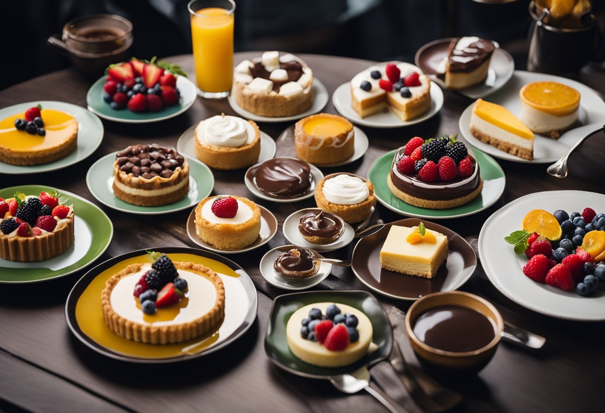 Uma mesa posta com uma variedade de sobremesas com baixo teor de açúcar, incluindo tortas de fruta, mousse de chocolate e cheesecake, cercada por pratos e utensílios coloridos.