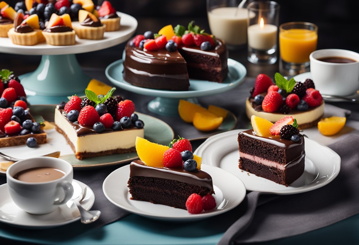 Uma mesa decorada com uma variedade de sobremesas decadentes com baixo teor de açúcar, incluindo um rico bolo de chocolate, panna cotta cremosa e tortas de frutas coloridas.