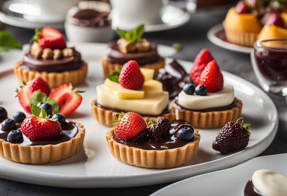 Uma mesa decorada com uma variedade de deliciosas e visualmente atraentes sobremesas com baixo teor de açúcar, como tortas de frutas, panna cotta e morangos mergulhados em chocolate.