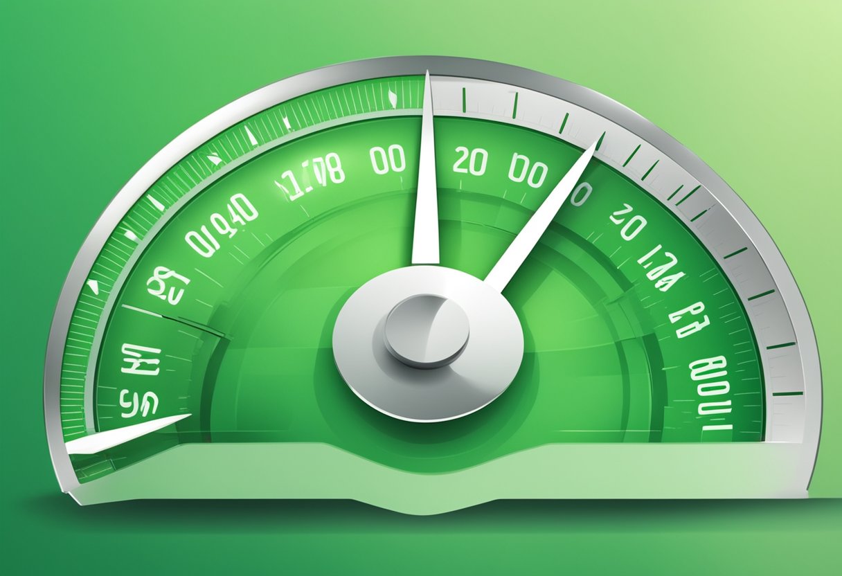 A website speedometer needle pointing to the green "Optimal" range, surrounded by symbols representing loading speed, interactivity, and visual stability