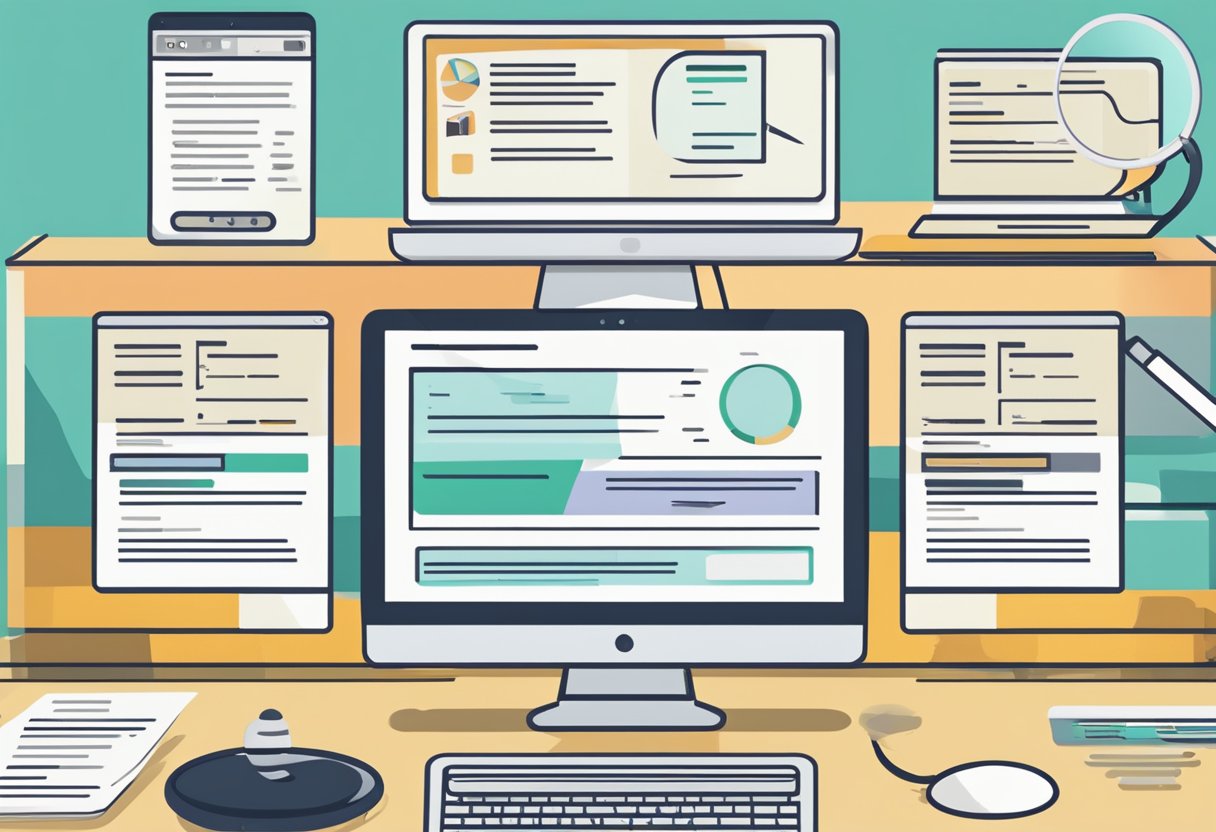 A computer screen split into two halves, one showing a website migration process and the other displaying SEO considerations. A checklist and a magnifying glass are placed on the desk