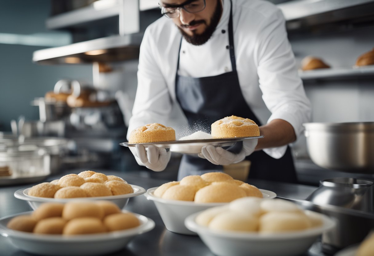 Um padeiro mede e mistura cuidadosamente os ingredientes, criando bolos fofos e saborosos em uma cozinha clara e organizada.