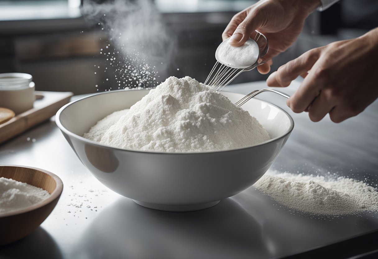 Um padeiro peneira cuidadosamente a farinha em uma tigela de mistura, enquanto uma nuvem de açúcar de confeiteiro flutua no ar. Um batedor e copos medidores estão sobre o balcão, prontos para serem usados.